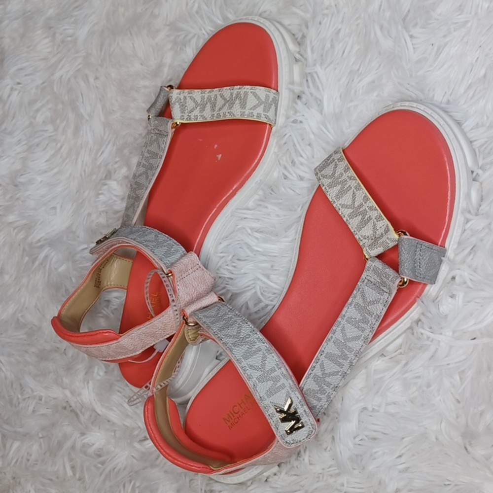 Michael Kors Pink & Tan MK Logo Flat Lug Chunky Sole Sandals SZ 7.5 New - Picture 4 of 17